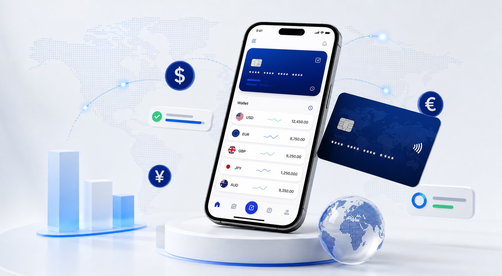 Digital wallet app with payment card and currency balances